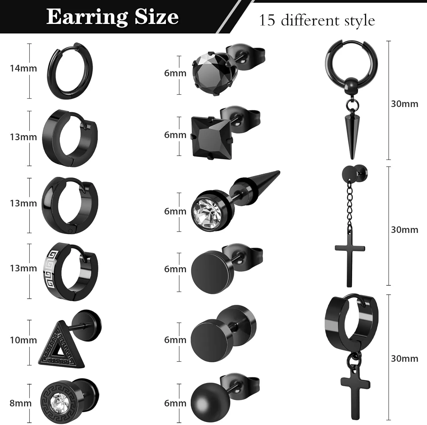 15 Pairs Earrings for Men, Stainless Steel Men Earrings Set Hypoallergenic Cross Dangle Hoop Black Stud Earrings Piercing Jewelry