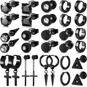 15 Pairs Earrings for Men, Stainless Steel Men Earrings Set Hypoallergenic Cross Dangle Hoop Black Stud Earrings Piercing Jewelry