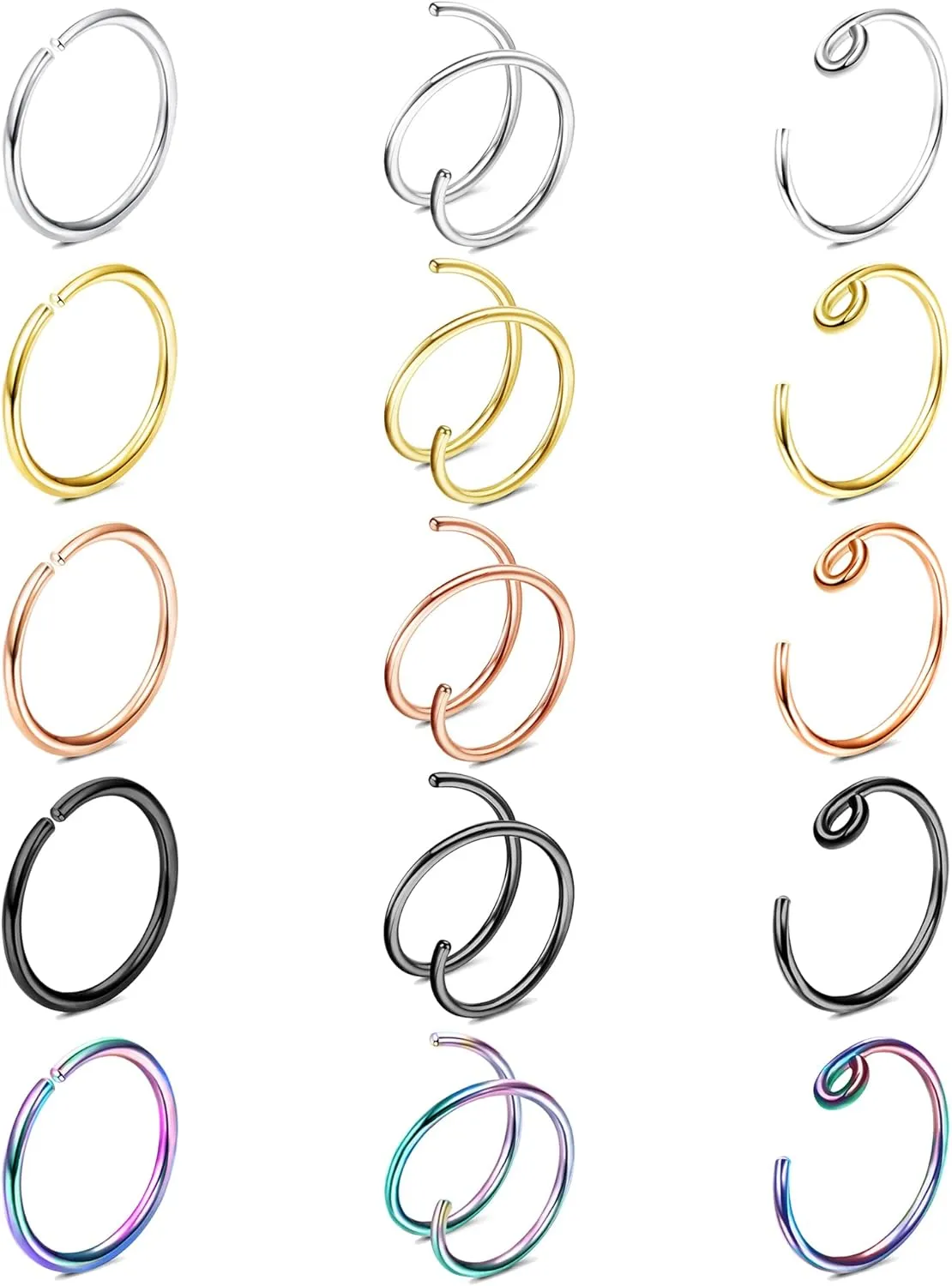 15Pcs 18G Nose Rings Hoops Double Nose Ring For Single Piercing 316l Surgical Steel Spiral Nose Hoop Rings For Women Nostril Piercing Jewelry(8MM)