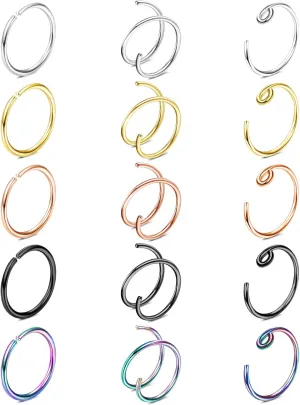 15Pcs 18G Nose Rings Hoops Double Nose Ring For Single Piercing 316l Surgical Steel Spiral Nose Hoop Rings For Women Nostril Piercing Jewelry(8MM)