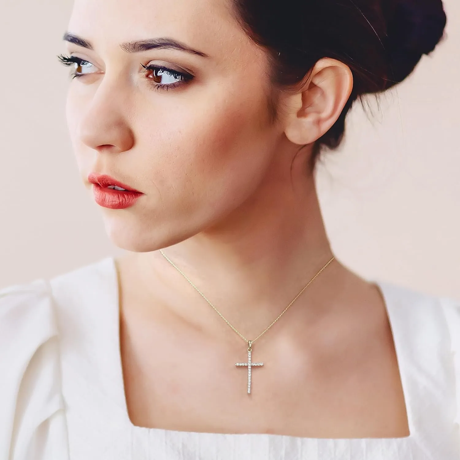 1/6 Carat LAB GROWN Round Cut Diamond Simple Dainty Pendant 14K Gold Religious LAB CREATED Diamond Cross Necklace For Her Premium Collection (0.14 Ctw, F-H Color, SI1-SI2 Clarity)