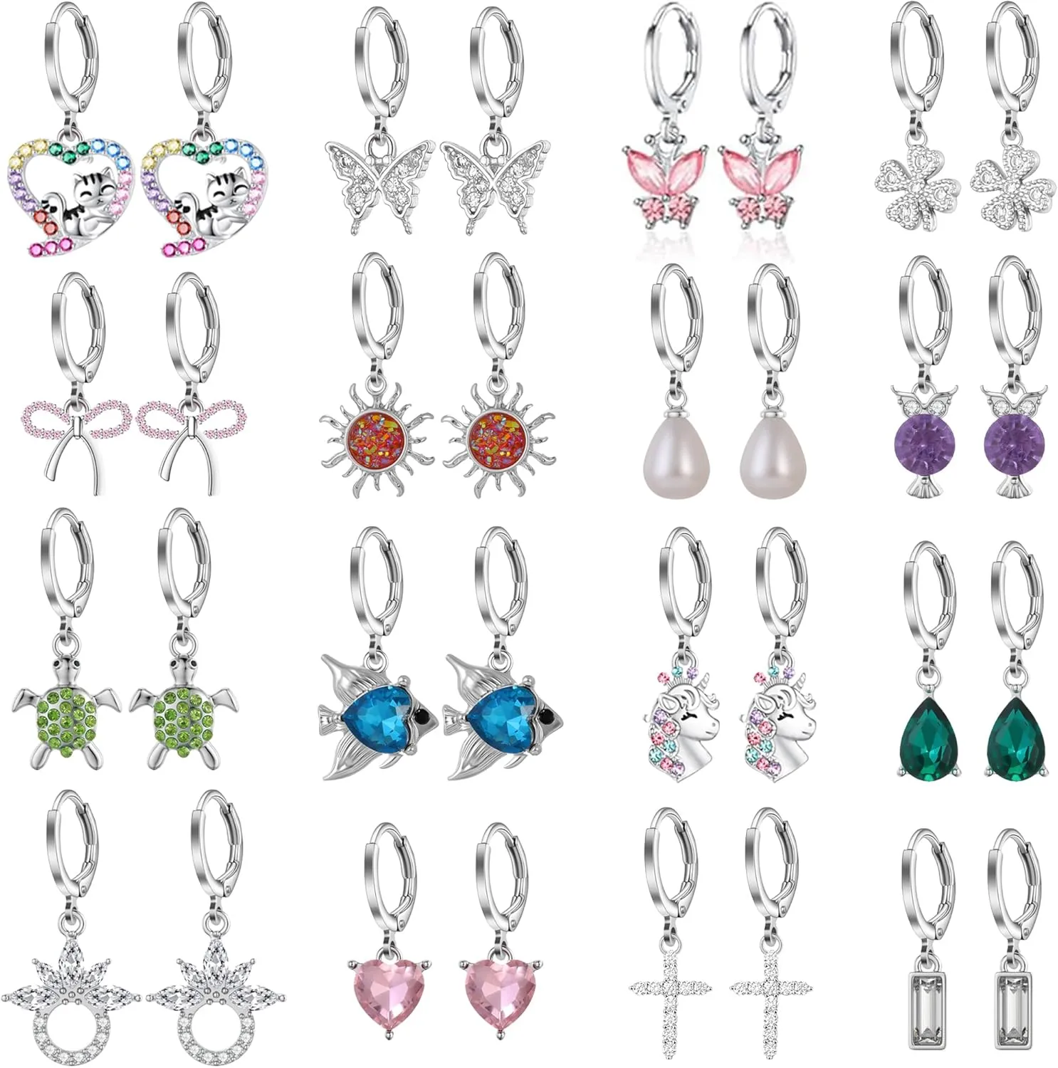 16 Pairs Hypoallergenic Silver Small Hoop Dangle Earrings Set for Girls Women Cute Heart Cat Butterfly Pearl Bow Huggie Hoop Dangle Earrings for Little Girls Kids Jewelry Gift