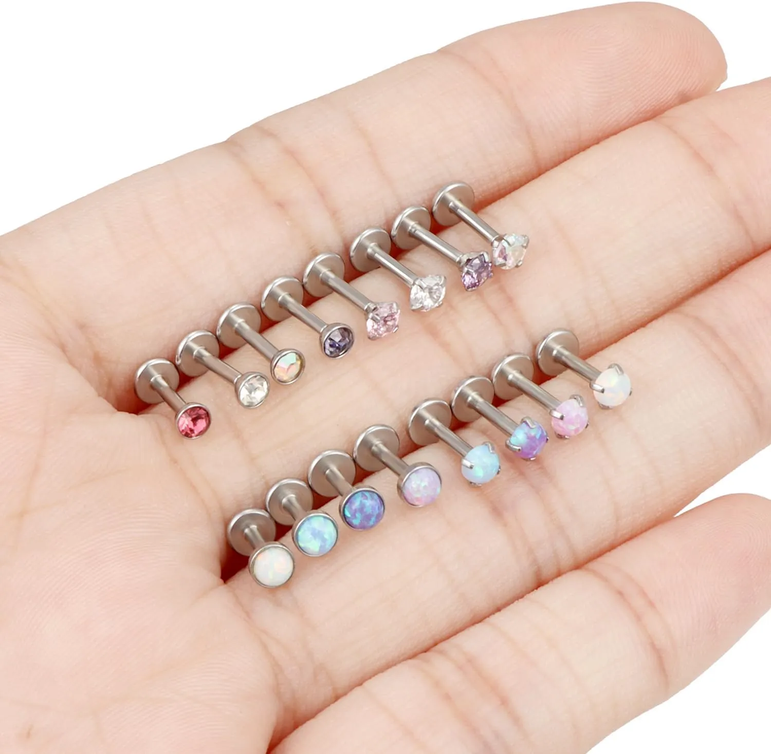 16G Lip Rings for Women Stainless Surgical Steel Labret Jewelry Monroe Lip Ring Medusa Piercing Jewelry Tragus Helix Cartilage Forward Earring Piercing Jewelry for Women CZ Opal Silver 16Pcs