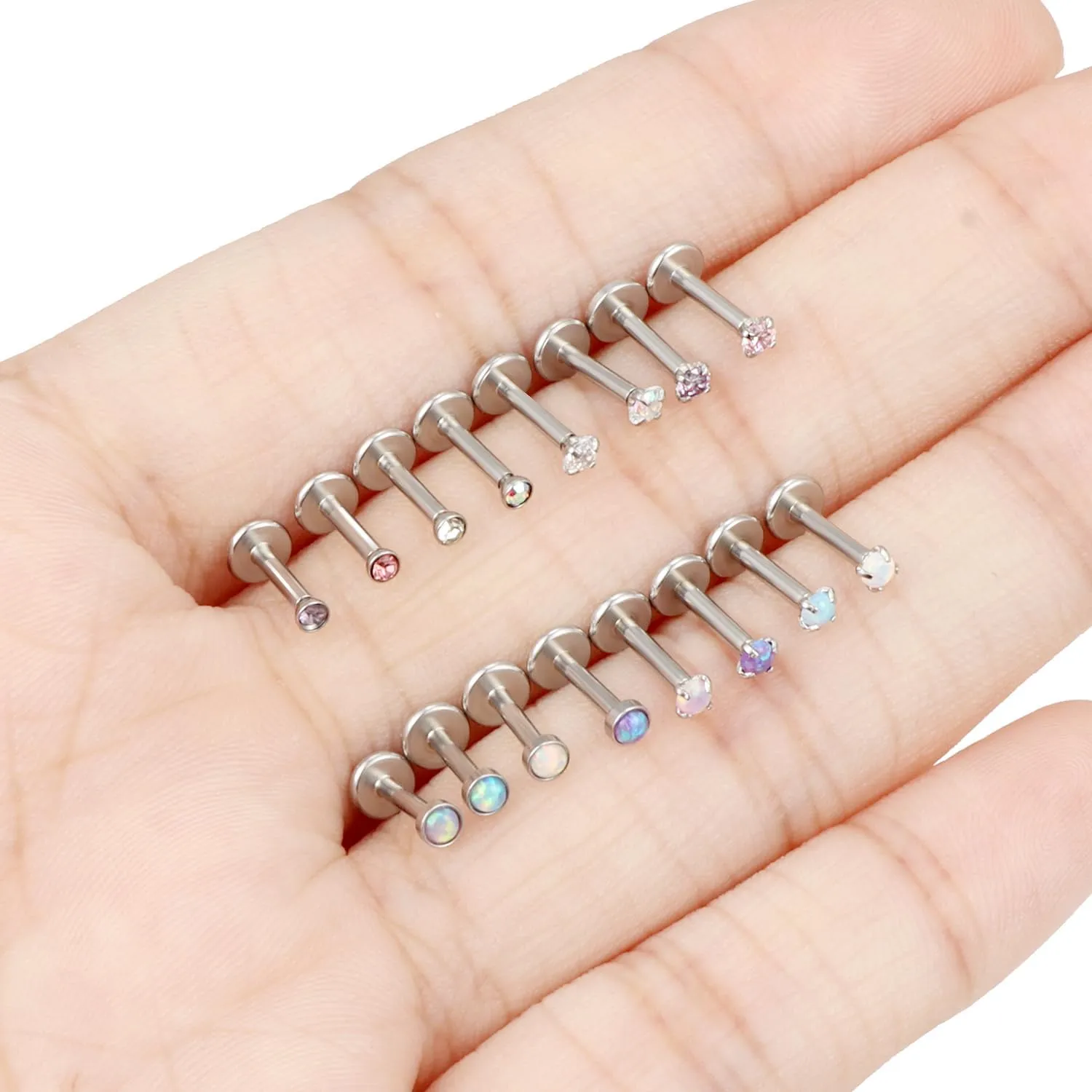 16G Lip Rings for Women Stainless Surgical Steel Labret Jewelry Monroe Lip Ring Medusa Piercing Jewelry Tragus Helix Cartilage Forward Earring Piercing Jewelry for Women CZ Opal Silver 16Pcs