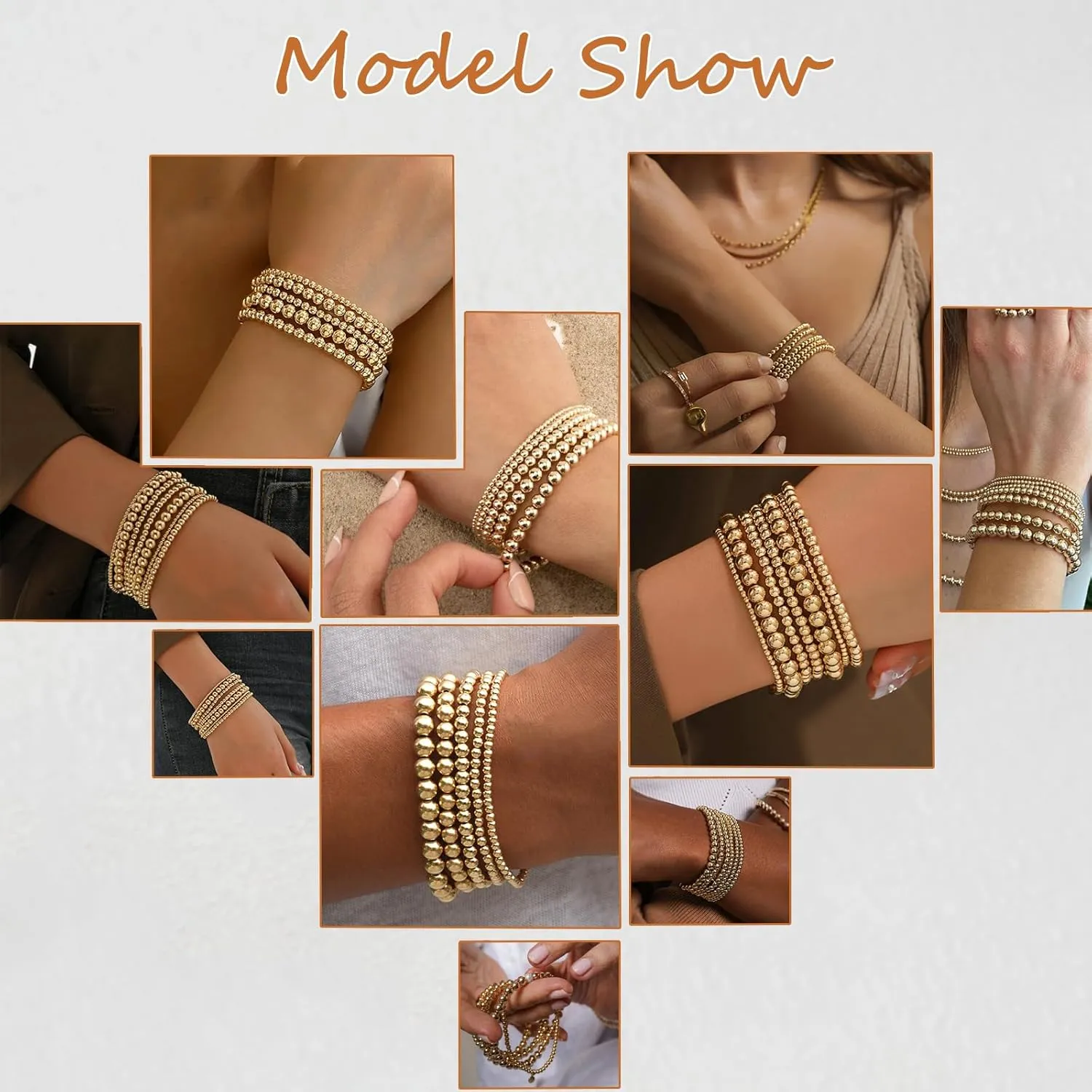 17 MILE 5 Pcs Gold Beaded Bracelet for Women, 14K Gold Plated Stackable Strand Stretch Bead Ball Bracelet Set Stack