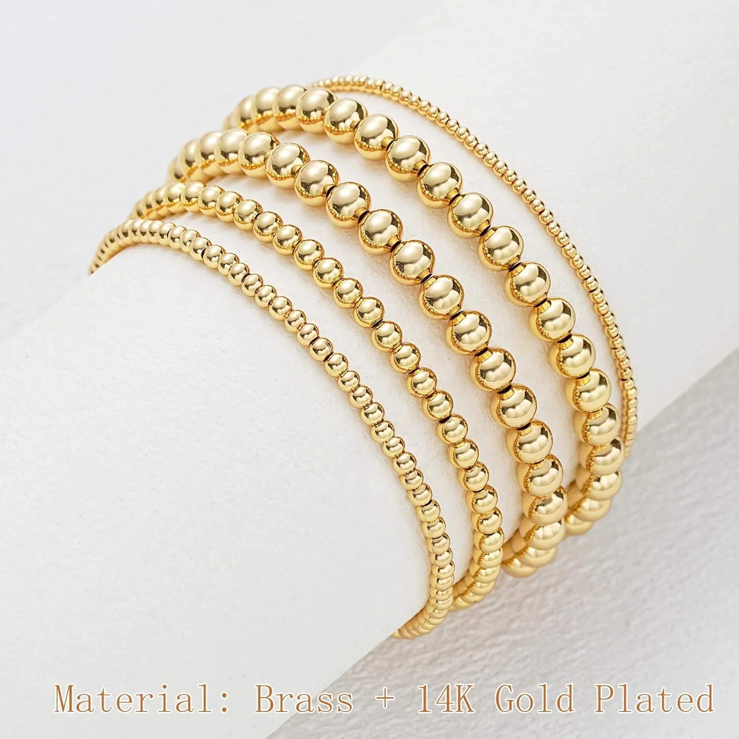 17 MILE 5 Pcs Gold Beaded Bracelet for Women, 14K Gold Plated Stackable Strand Stretch Bead Ball Bracelet Set Stack