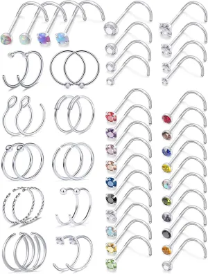 18G Nose Rings for Women Surgical Steel Nose Rings Hoops Nose Piercing Jewelry,Screw Nose Rings, Corkscrew Nose Ring Studs,Opal Nose Ring CZ Screw Nose StudsCute Nose Rings,Silver