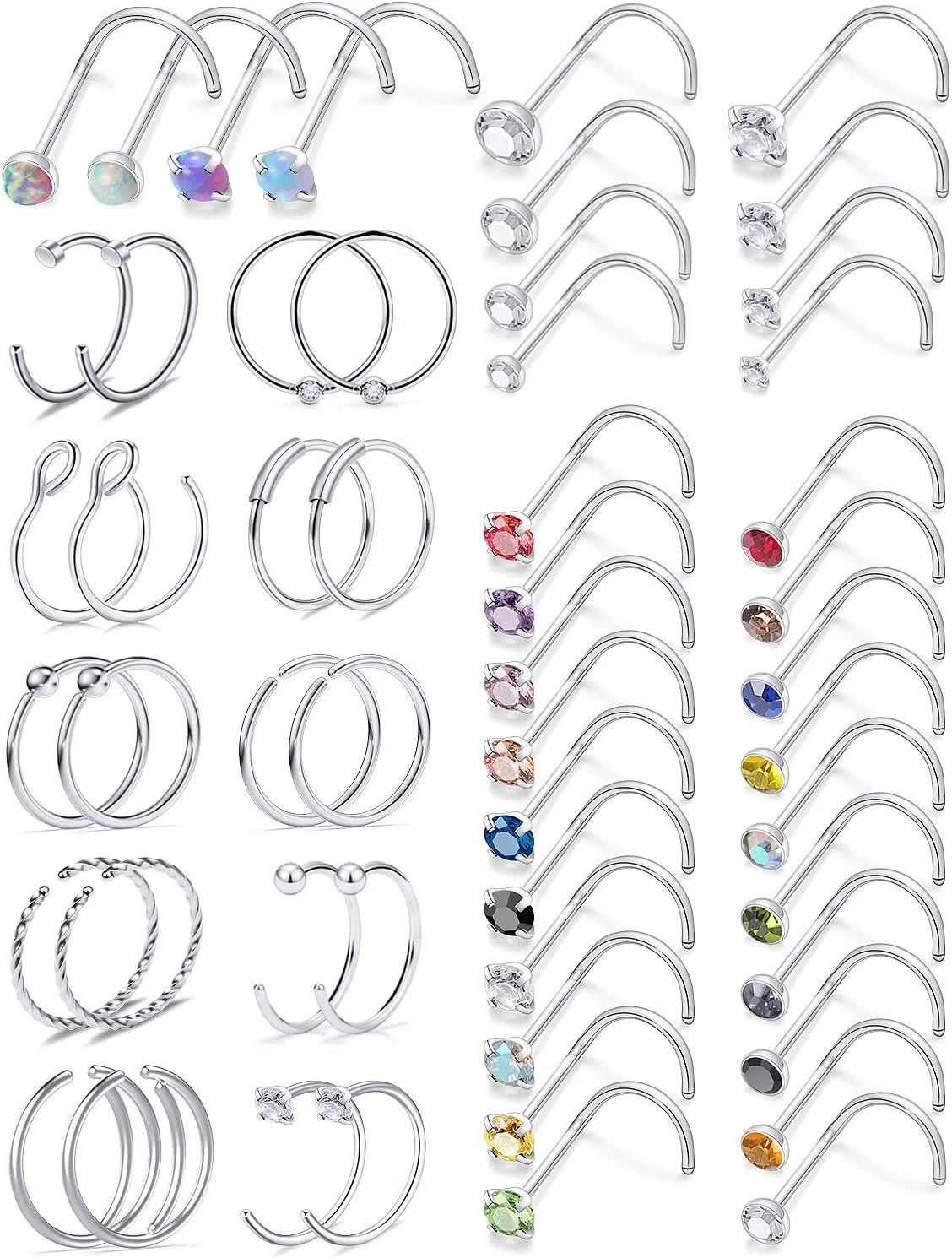 18G Nose Rings for Women Surgical Steel Nose Rings Hoops Nose Piercing Jewelry,Screw Nose Rings, Corkscrew Nose Ring Studs,Opal Nose Ring CZ Screw Nose StudsCute Nose Rings,Silver