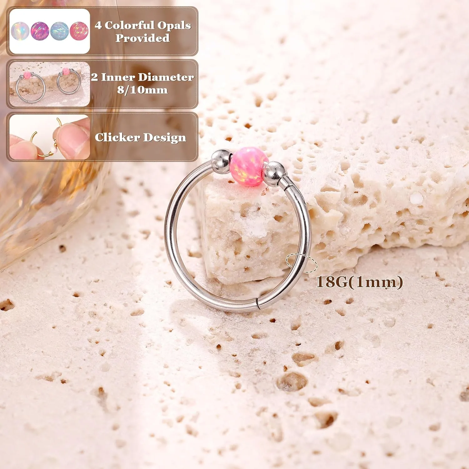 18G Surgical Steel Opal Nose Rings Hoops for Women Hinged Seamless Nose Hoops Helix Cartilage Tragus Hoop Rings Septum Clicker Ring Nose Piercing Jewelry 8mm/10mm