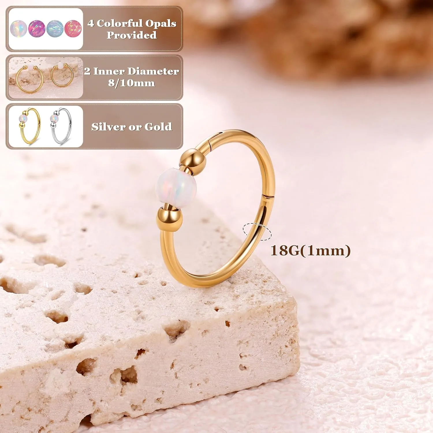 18G Surgical Steel Opal Nose Rings Hoops for Women Hinged Seamless Nose Hoops Helix Cartilage Tragus Hoop Rings Septum Clicker Ring Nose Piercing Jewelry 8mm/10mm
