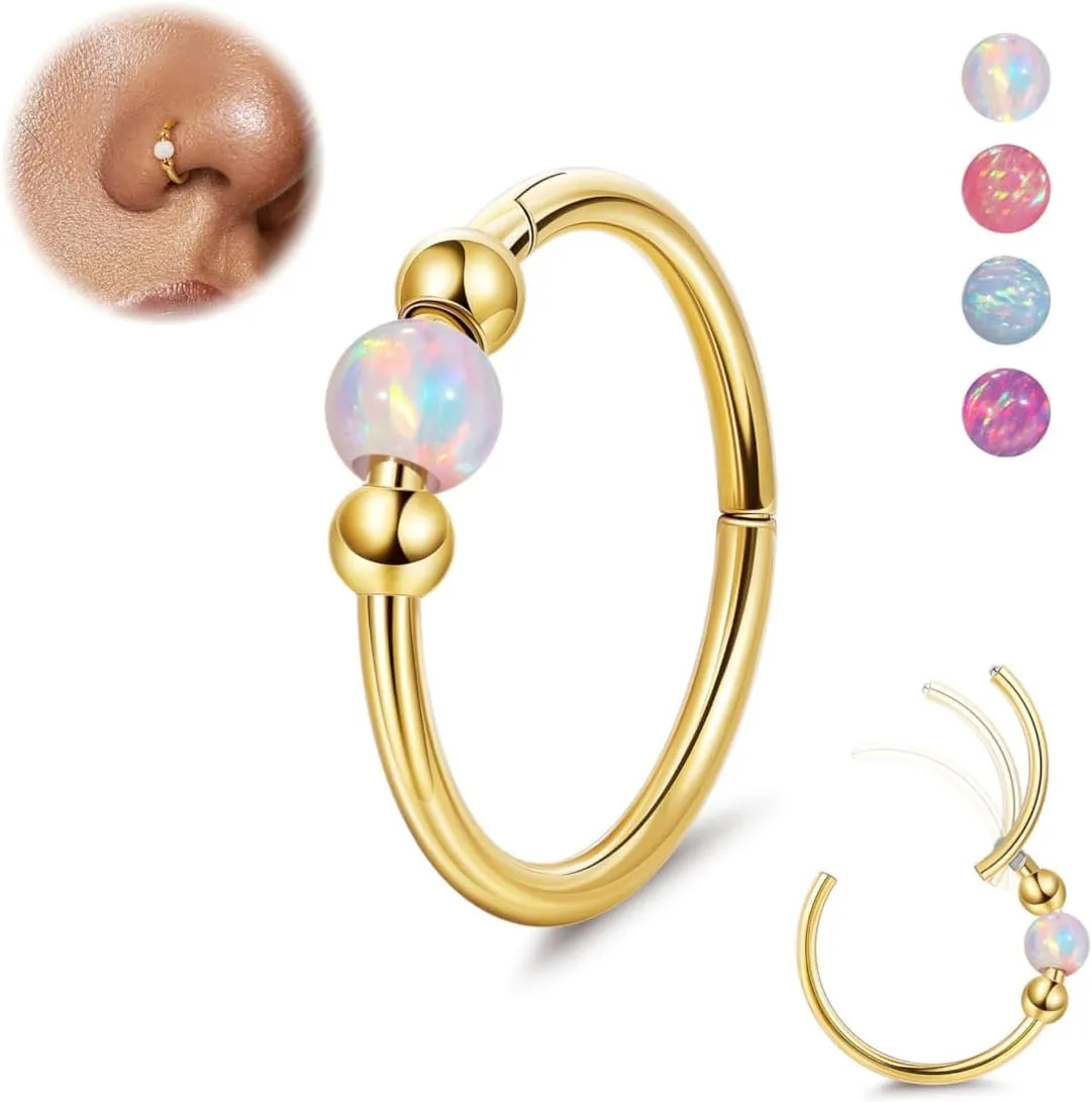 18G Surgical Steel Opal Nose Rings Hoops for Women Hinged Seamless Nose Hoops Helix Cartilage Tragus Hoop Rings Septum Clicker Ring Nose Piercing Jewelry 8mm/10mm