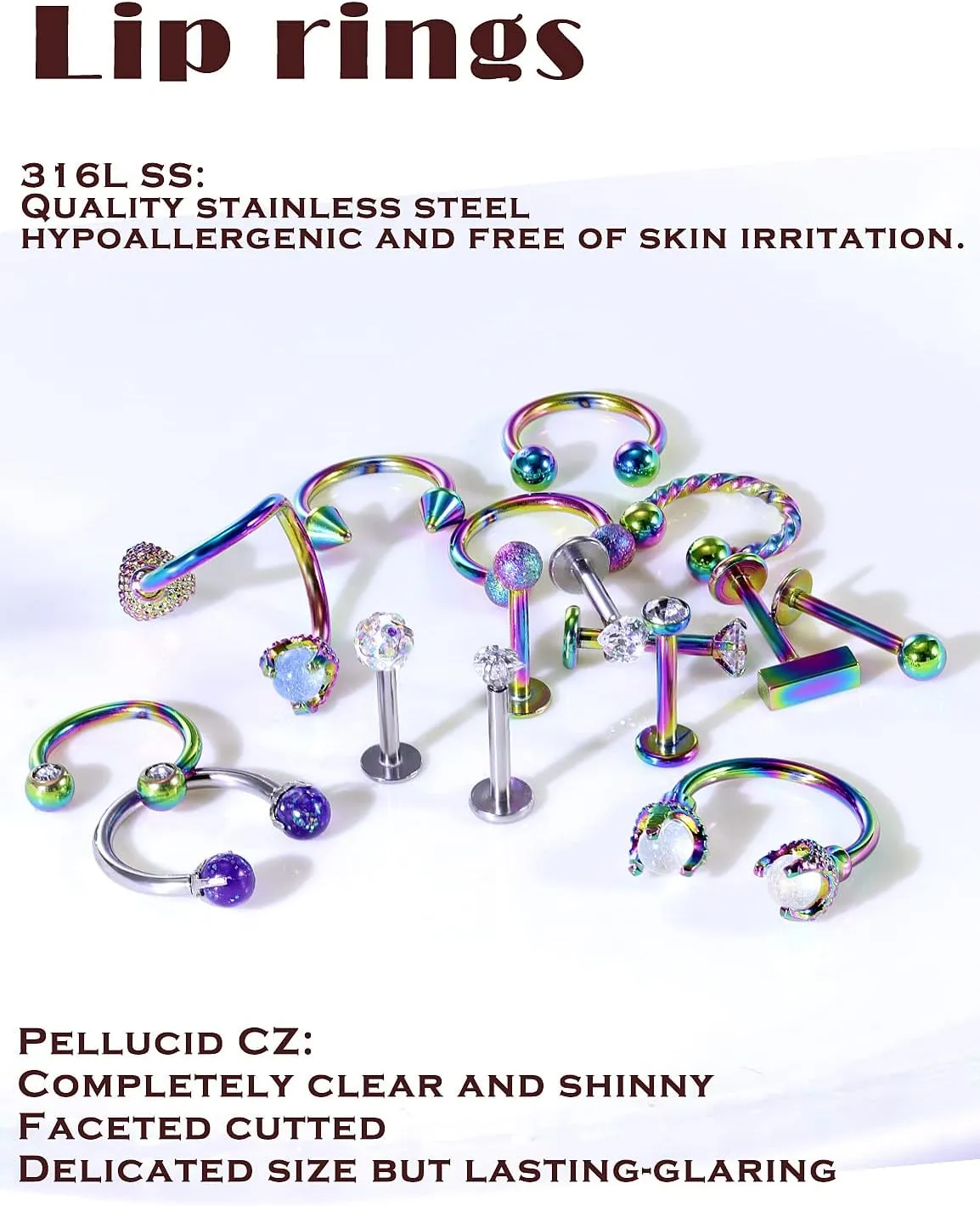 18G/16G/20G Surgical Steel/Titanium Lip Rings Internally Threaded Screw CZ Crystals Stud Piercing Jewelry for Nose/Lip/Medusa/Labret/Tragus/Helix/Conch/Cartilage - Nose Rings Studs