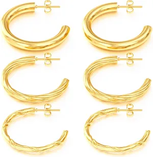 18K Gold Plated Hoop Earrings Set for Women Chunky Open Hoops Hypoallergenic Jewelry Mother Day's Gift.