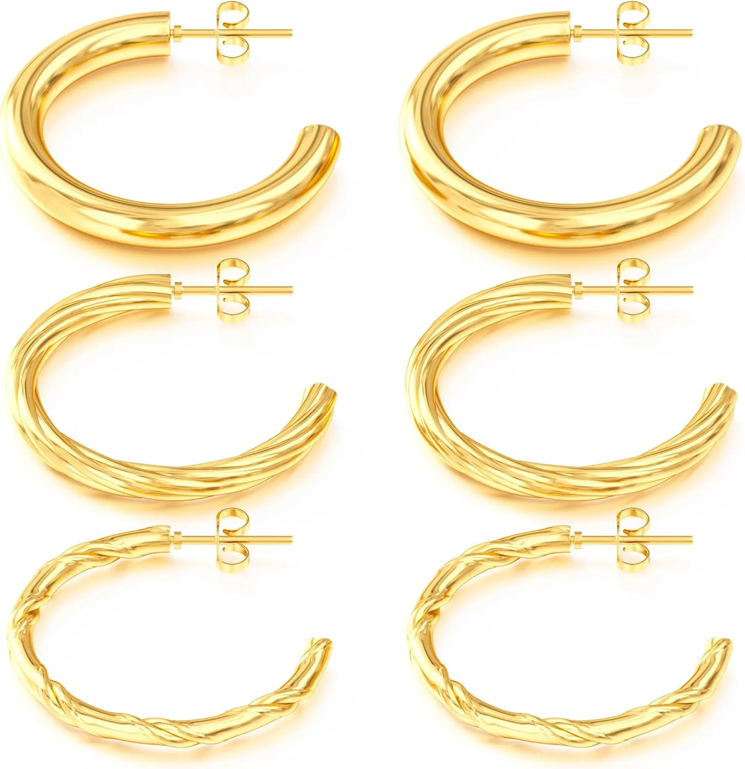 18K Gold Plated Hoop Earrings Set for Women Chunky Open Hoops Hypoallergenic Jewelry Mother Day's Gift.
