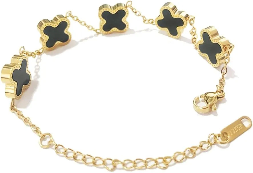 18K Gold Plated Lucky Clover Bracelet for Women Simple Four Leaf Adjustable Link Double-Sided Bracelets Cute Jewelry