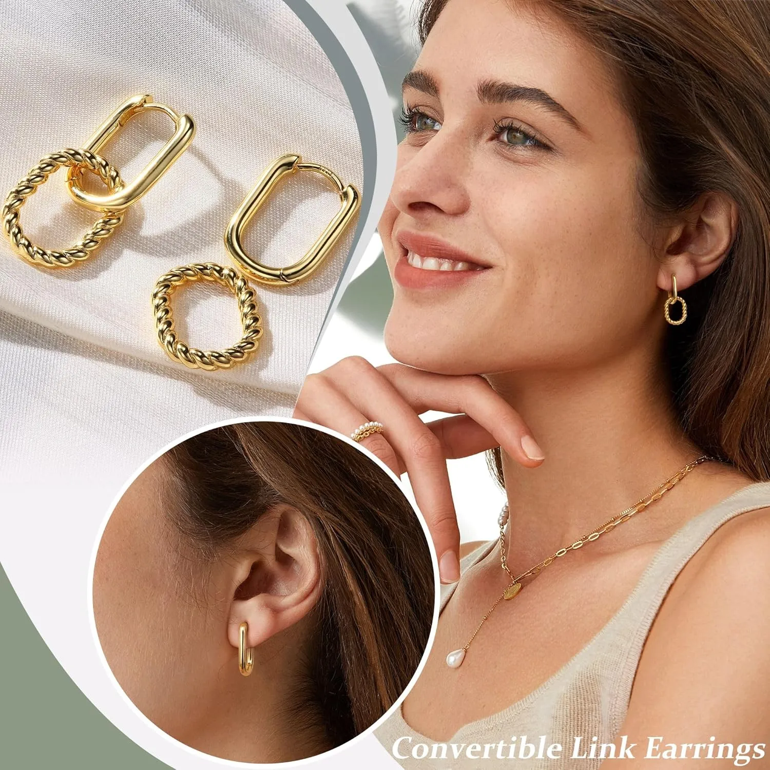 18K Gold Plated Two Tone Gold Silver Hoop Earrings for Women Hypoallergenic - 925 Sterling Silver Drop Dangle Paperclip Huggie Hoop Earrings - Chain Link Dangle Earrings Jewelry