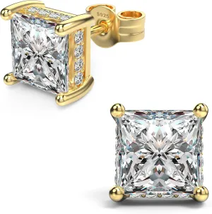 18K White Gold Plated Sterling Silver Princess Cut Cubic Zirconia Stud Earrings Square Simulated Diamond CZ Stud Earrings for Women Men Hypoallergenic