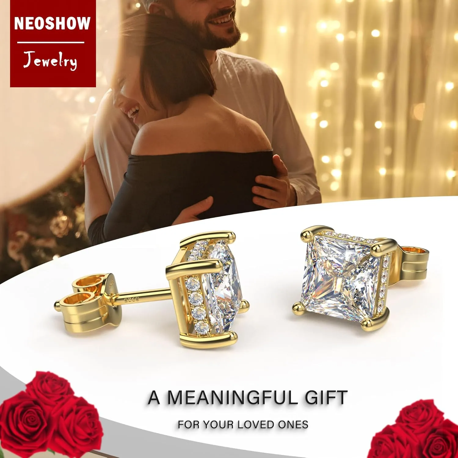 18K White Gold Plated Sterling Silver Princess Cut Cubic Zirconia Stud Earrings Square Simulated Diamond CZ Stud Earrings for Women Men Hypoallergenic