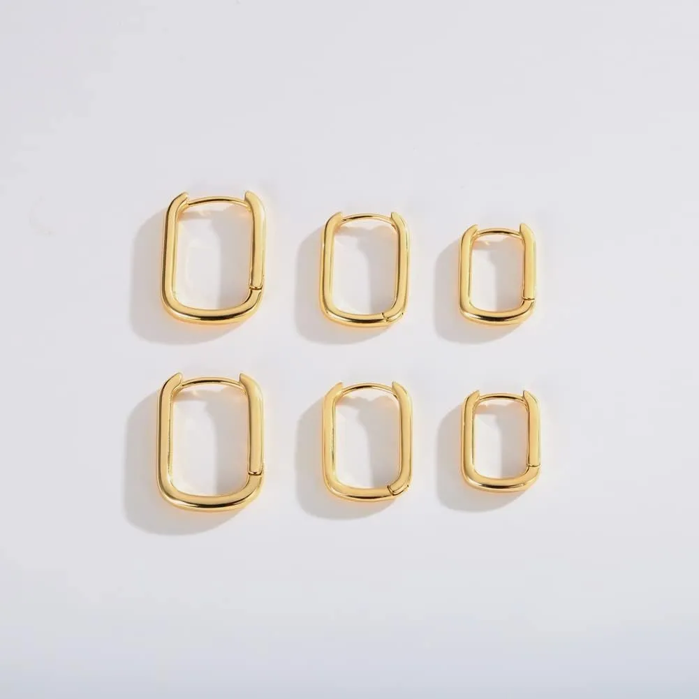 2 Pairs 14K Gold Plated Minimalist Hoop Earrings Small Dainty Geometric Square and Rectangle Huggies Hoops for Girls Women Gift, gold, silver and black
