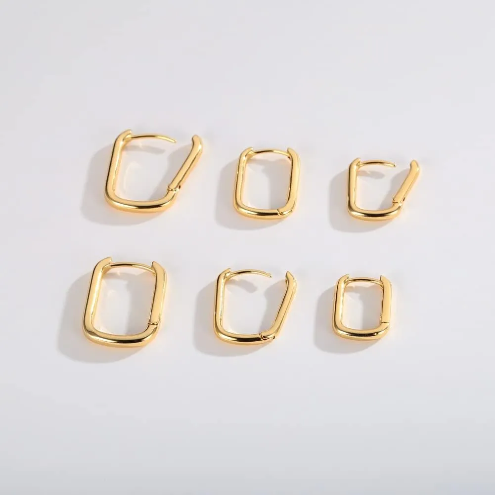 2 Pairs 14K Gold Plated Minimalist Hoop Earrings Small Dainty Geometric Square and Rectangle Huggies Hoops for Girls Women Gift, gold, silver and black