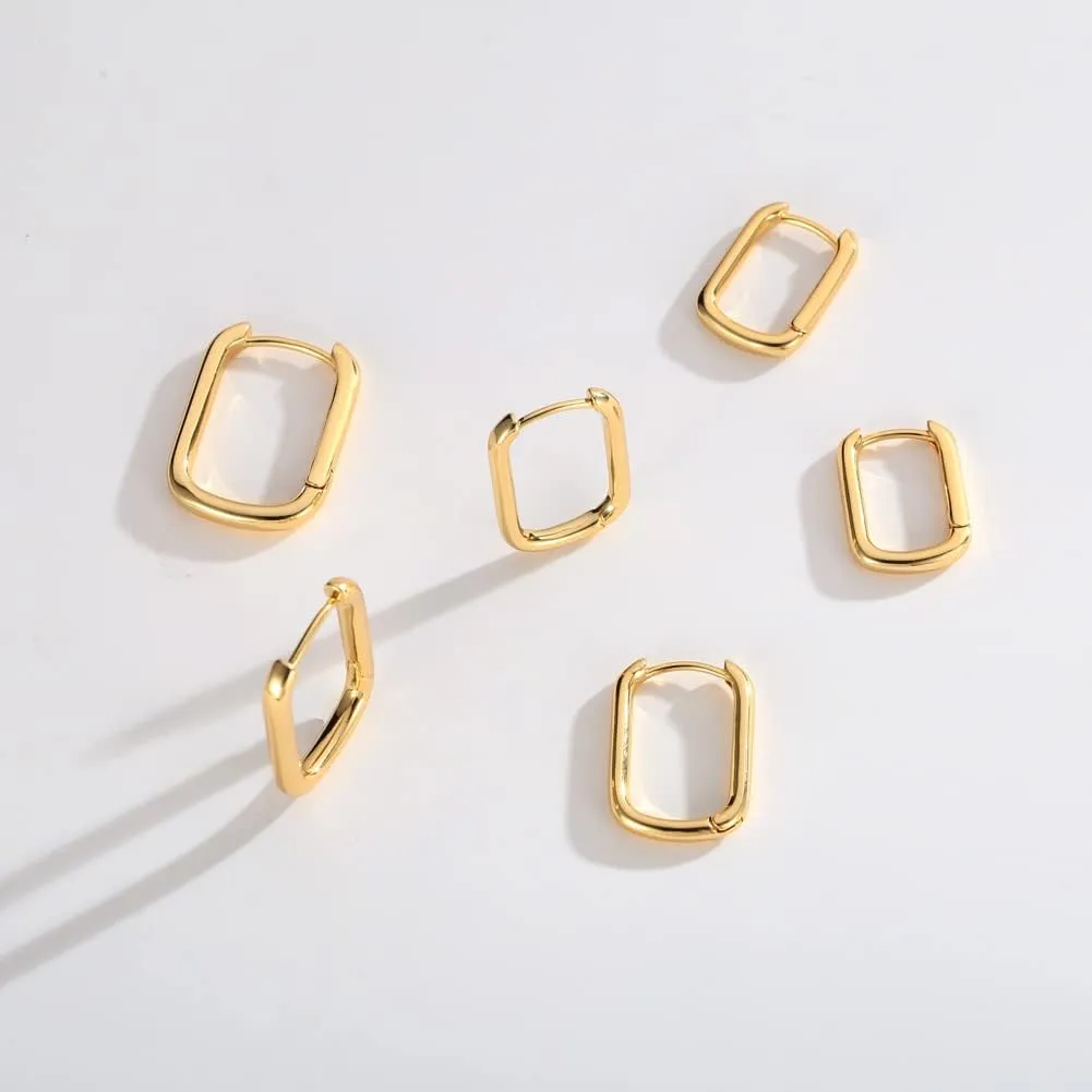 2 Pairs 14K Gold Plated Minimalist Hoop Earrings Small Dainty Geometric Square and Rectangle Huggies Hoops for Girls Women Gift, gold, silver and black