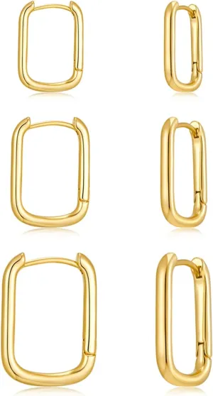 2 Pairs 14K Gold Plated Minimalist Hoop Earrings Small Dainty Geometric Square and Rectangle Huggies Hoops for Girls Women Gift, gold, silver and black