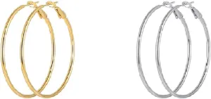 2 Pairs Big Hoop Earrings Gold Hoop Earrings Hypoallergenic Large Hoop Earrings Circle Endless Thin Hoop Earrings Silver Hoop Earrings Big Large Statement Earrings for Women Girls-30/40/50/60/70mm