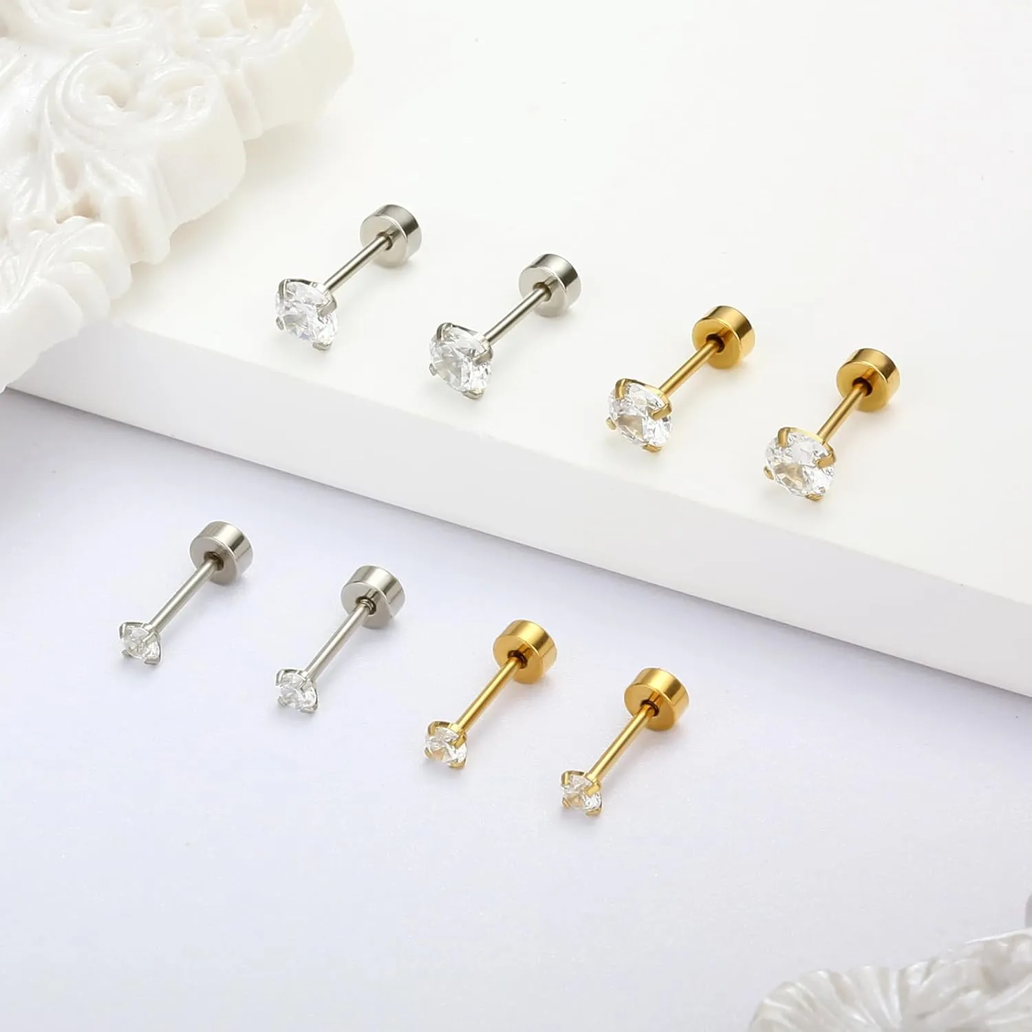 2 Pairs Flat Back Stud Earrings for Women, 18k Gold Cartilage Earrings as Screw Back Earrings Hypoallergenic for her, Nap Earring as Comfy Earrings Gifts for Her (3 5mm, Gold)