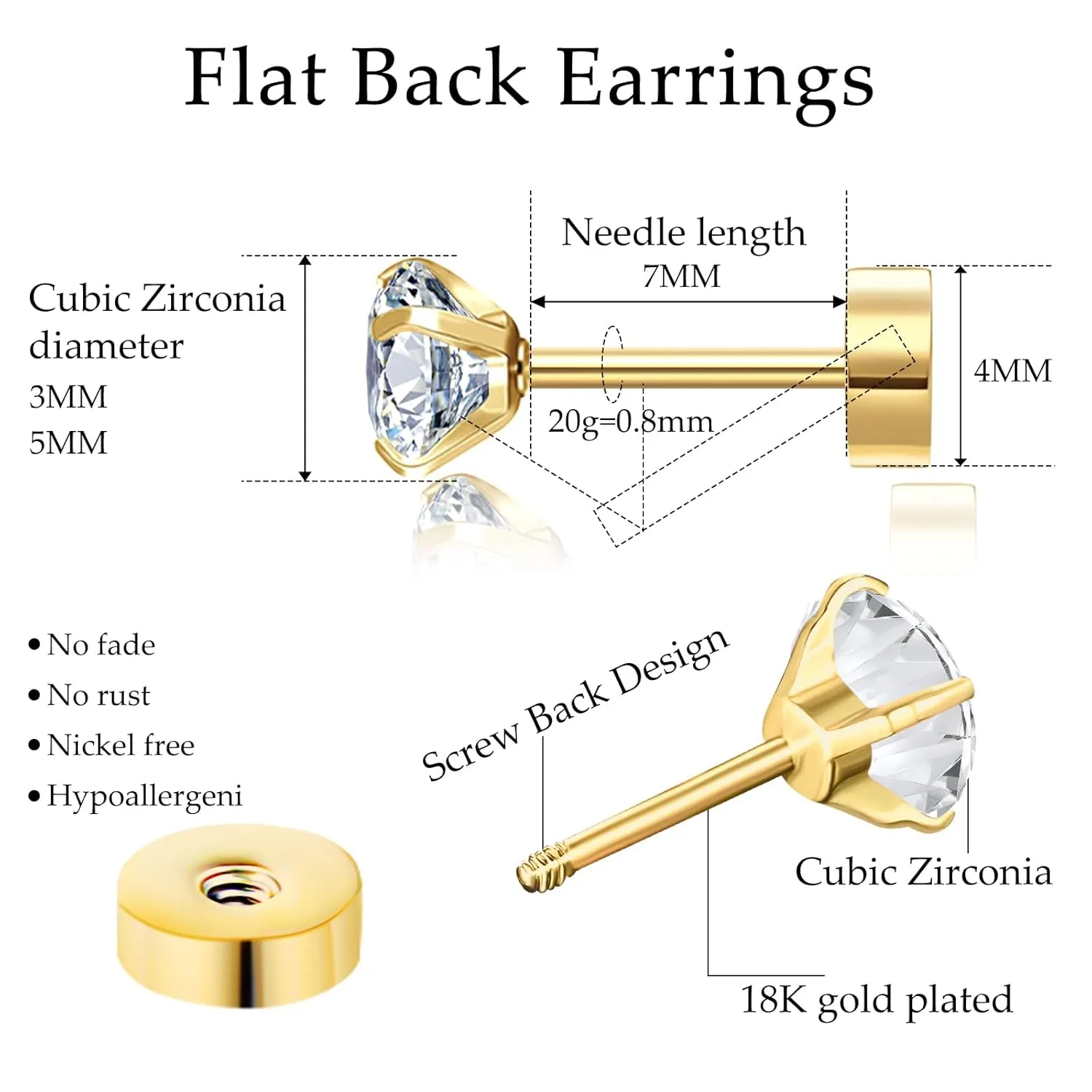 2 Pairs Flat Back Stud Earrings for Women, 18k Gold Cartilage Earrings as Screw Back Earrings Hypoallergenic for her, Nap Earring as Comfy Earrings Gifts for Her (3 5mm, Gold)