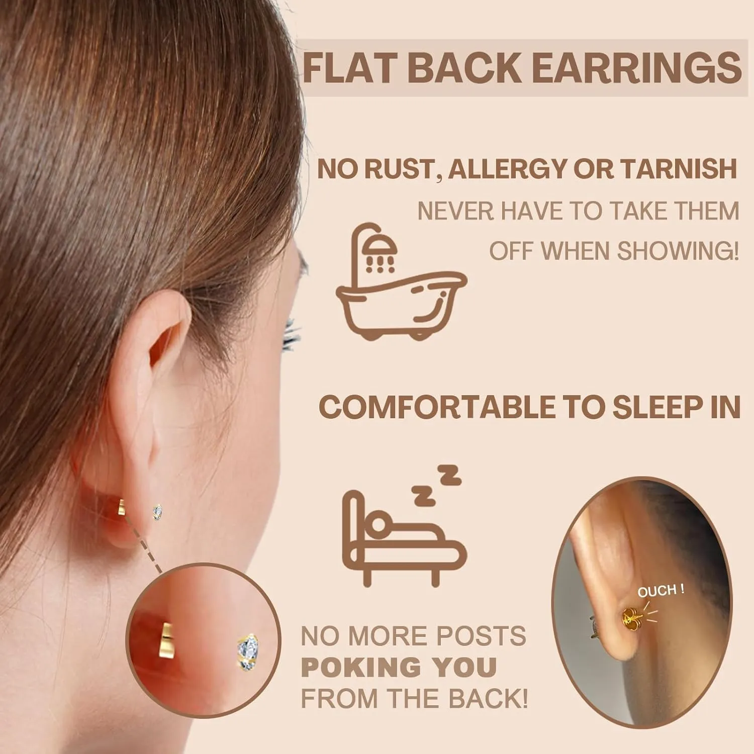 2 Pairs Flat Back Stud Earrings for Women, 18k Gold Cartilage Earrings as Screw Back Earrings Hypoallergenic for her, Nap Earring as Comfy Earrings Gifts for Her (3 5mm, Gold)