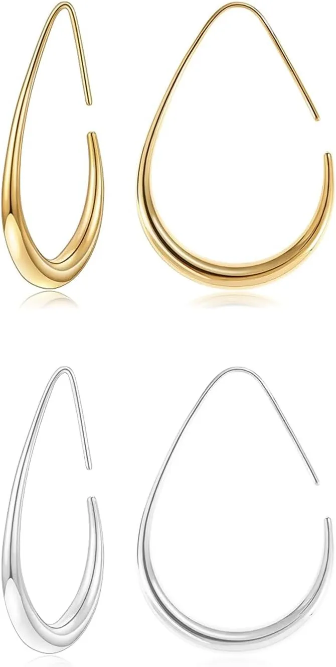 2 Pairs Gold/Silver Hoop Earrings For Women Set Trendy,14K Plated Gold Chunky Huggie Hoop Earings Pack,Oval Twisted Statement Silver Hoops,Fashion Jewelry Gift