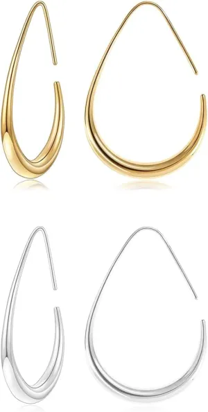2 Pairs Gold/Silver Hoop Earrings For Women Set Trendy,14K Plated Gold Chunky Huggie Hoop Earings Pack,Oval Twisted Statement Silver Hoops,Fashion Jewelry Gift