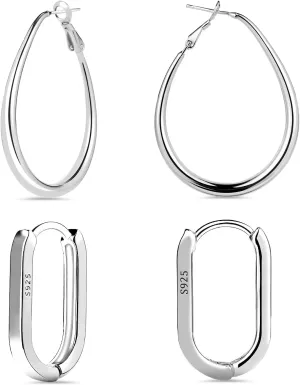 2 Pairs S925 Sterling Silver Earrings, 2 Designs Large Oval and Small Hoop Earrings Minimalist Jewelry for Women Girls (Silver)