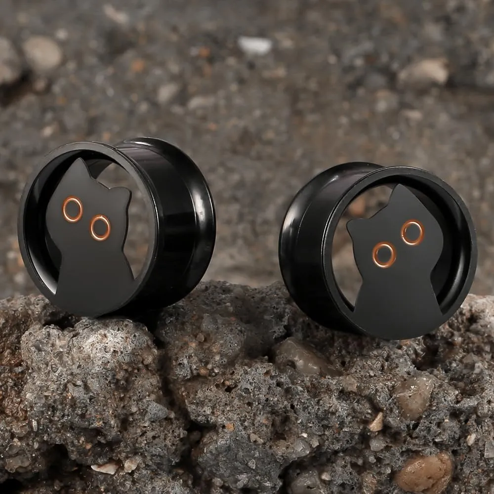 2 PCS Black gauges cute cat Ear Tunnels Plugs 316 Stainless Steel Ear Weight Plugs Hypoallergenic expander Piercing Body Jewelry women and men