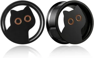 2 PCS Black gauges cute cat Ear Tunnels Plugs 316 Stainless Steel Ear Weight Plugs Hypoallergenic expander Piercing Body Jewelry women and men