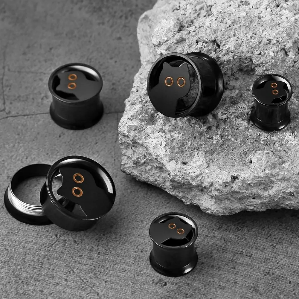 2 PCS Black gauges cute cat Ear Tunnels Plugs 316 Stainless Steel Ear Weight Plugs Hypoallergenic expander Piercing Body Jewelry women and men