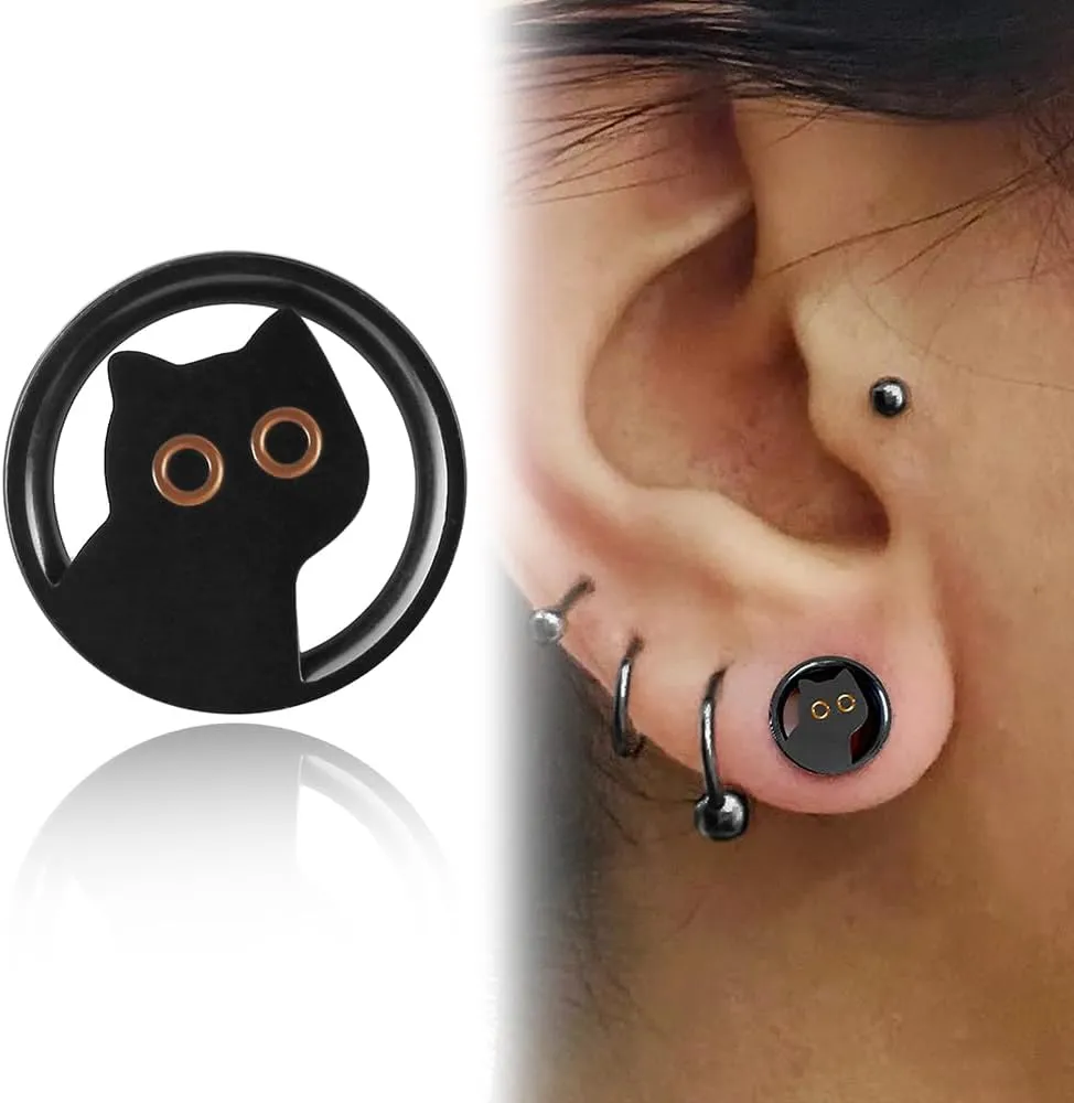 2 PCS Black gauges cute cat Ear Tunnels Plugs 316 Stainless Steel Ear Weight Plugs Hypoallergenic expander Piercing Body Jewelry women and men