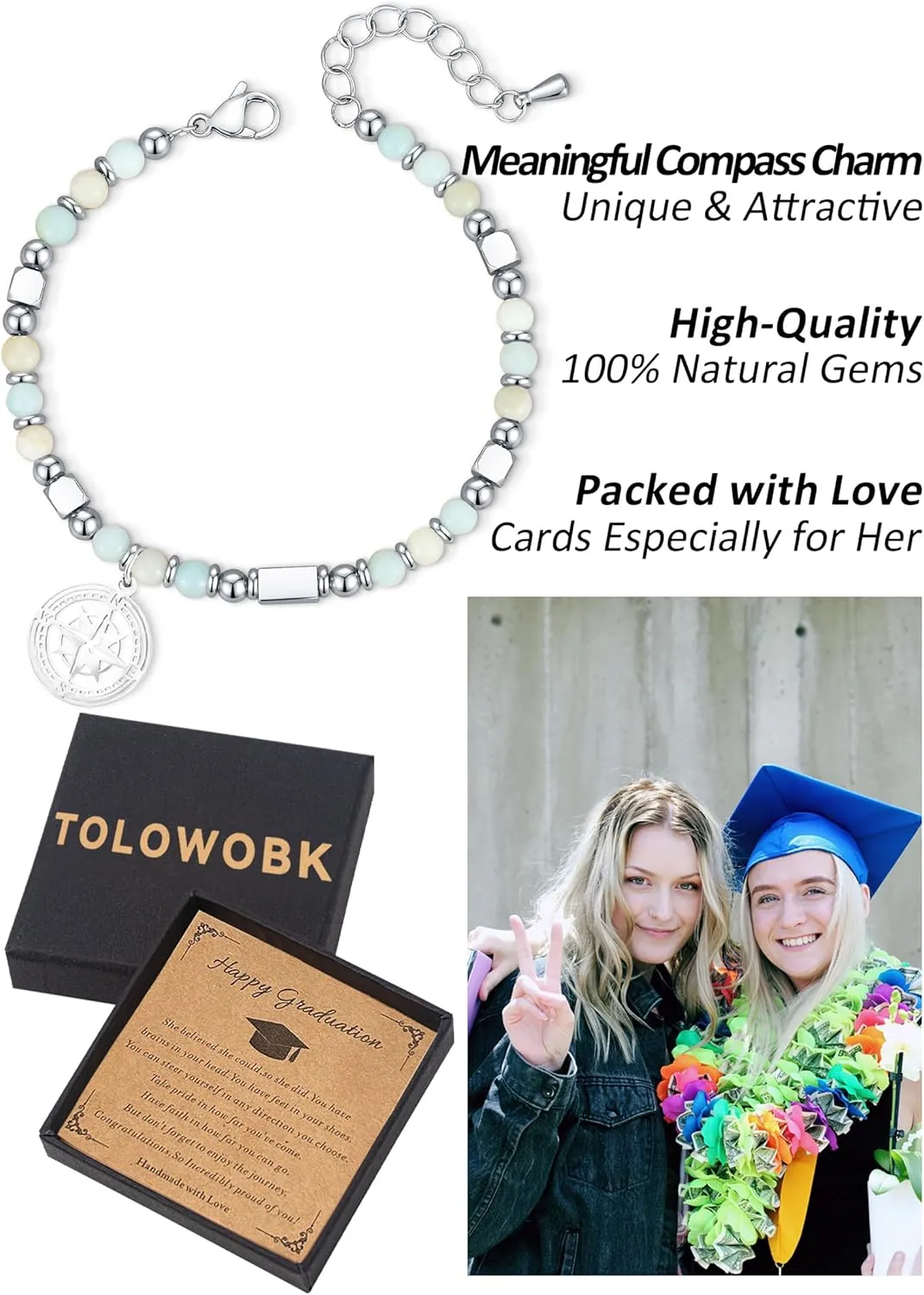 2025 Graduation Gifts for Her/Girls/Women Graduation Bracelet Tiny Gemstone Compass Bracelet as 5th Grade 8th Grade High School College Master Degree Class of 2025 Graduation Gifts