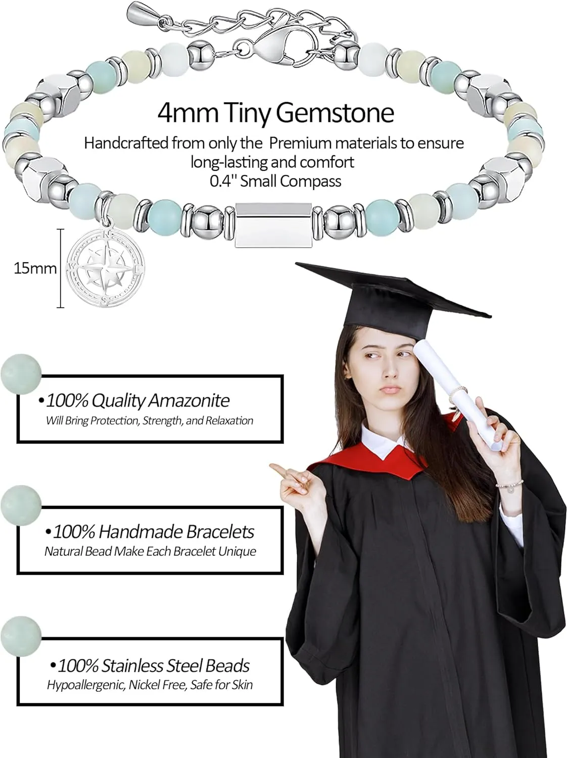 2025 Graduation Gifts for Her/Girls/Women Graduation Bracelet Tiny Gemstone Compass Bracelet as 5th Grade 8th Grade High School College Master Degree Class of 2025 Graduation Gifts