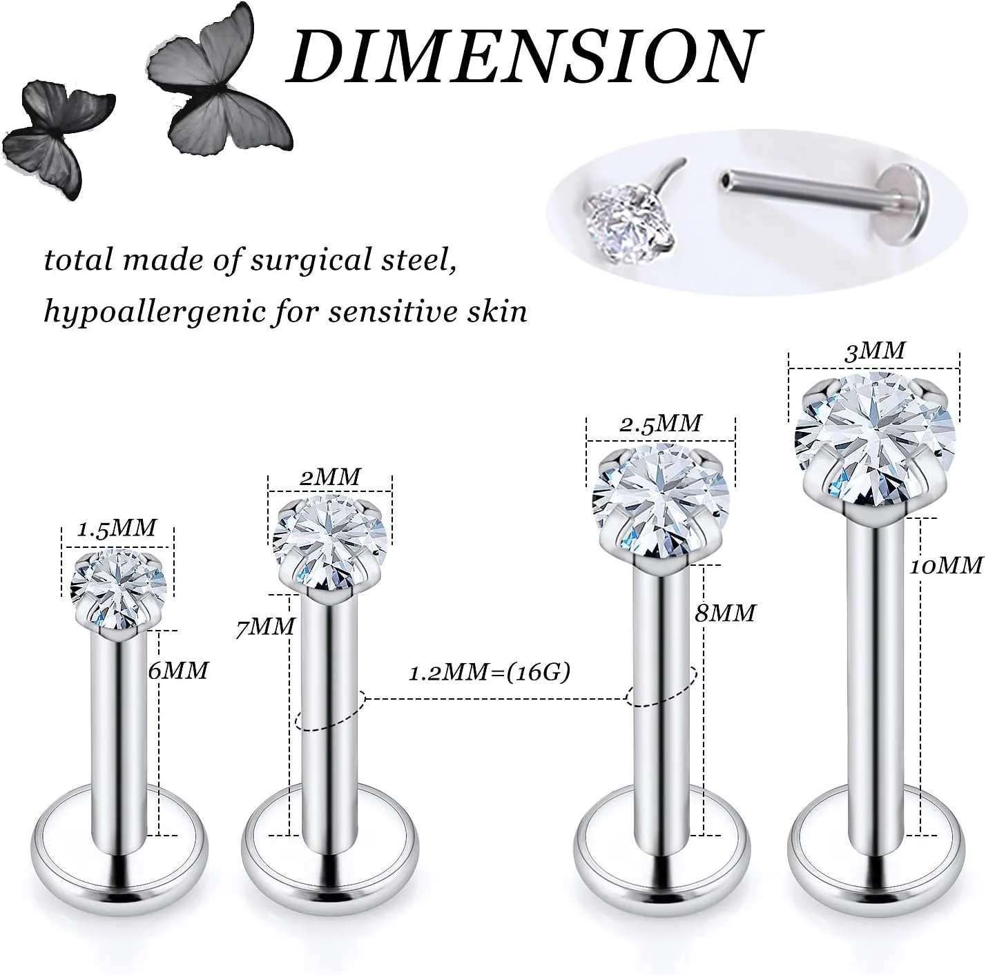 20G 18G 16G Threadless Lip Rings Surgical Steel Flat Back Earrings Labret Jewelry Medusa Monroe Snake Bite Lip Ring Tragus Helix Cartilage Forward Earrings Piercing Jewelry for Women Men