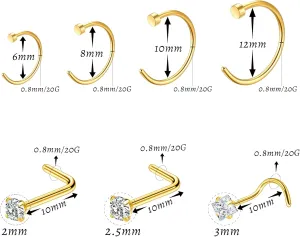 21 Pcs Hoop Nose Rings Surgical Steel Nose Rings for Women 20G Nostril Piercing Jewelry Silver Gold Black Nostril Piercings L Shaped Nose Ring Hoop 6mm 8mm 10mm 12mm