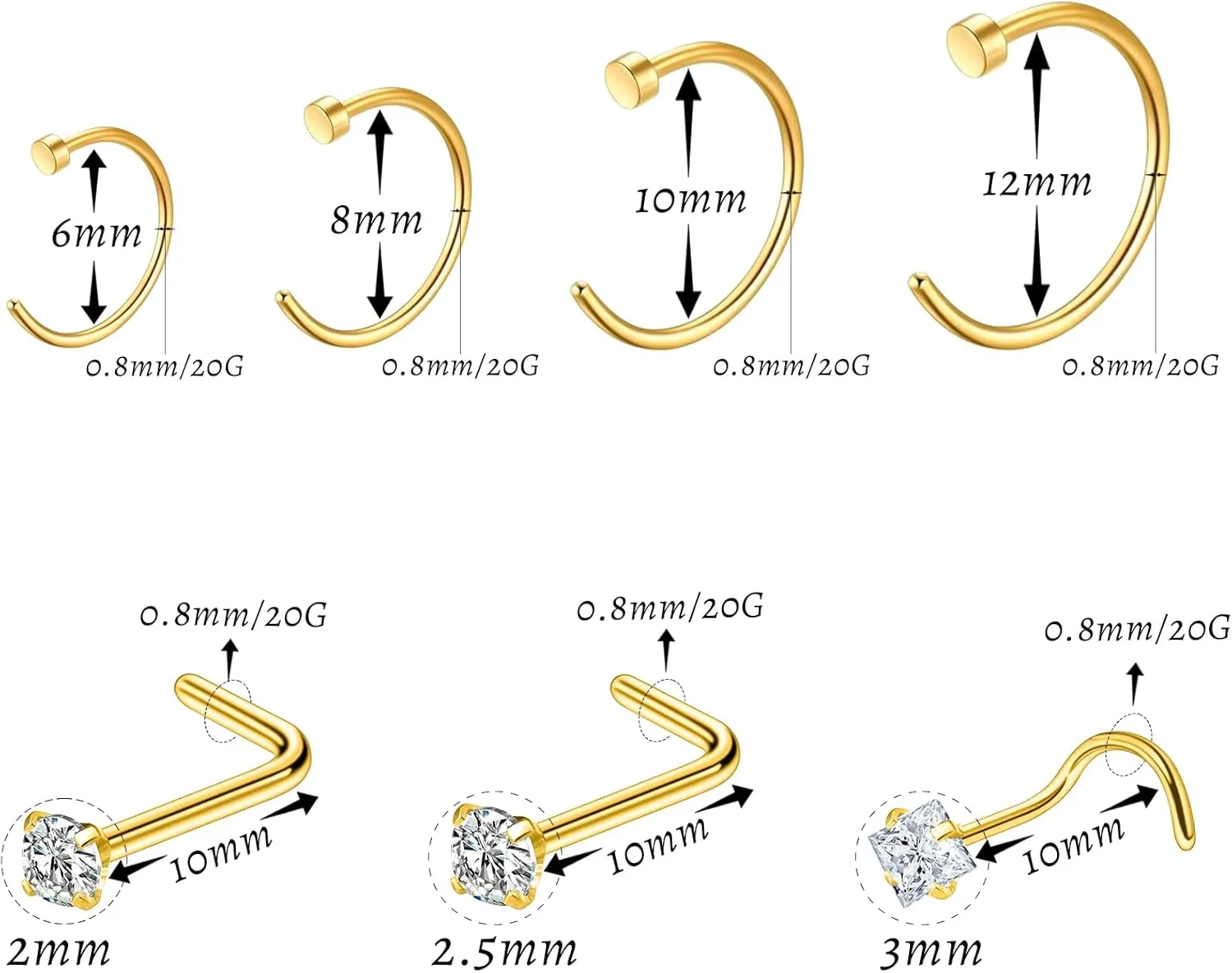 21 Pcs Hoop Nose Rings Surgical Steel Nose Rings for Women 20G Nostril Piercing Jewelry Silver Gold Black Nostril Piercings L Shaped Nose Ring Hoop 6mm 8mm 10mm 12mm