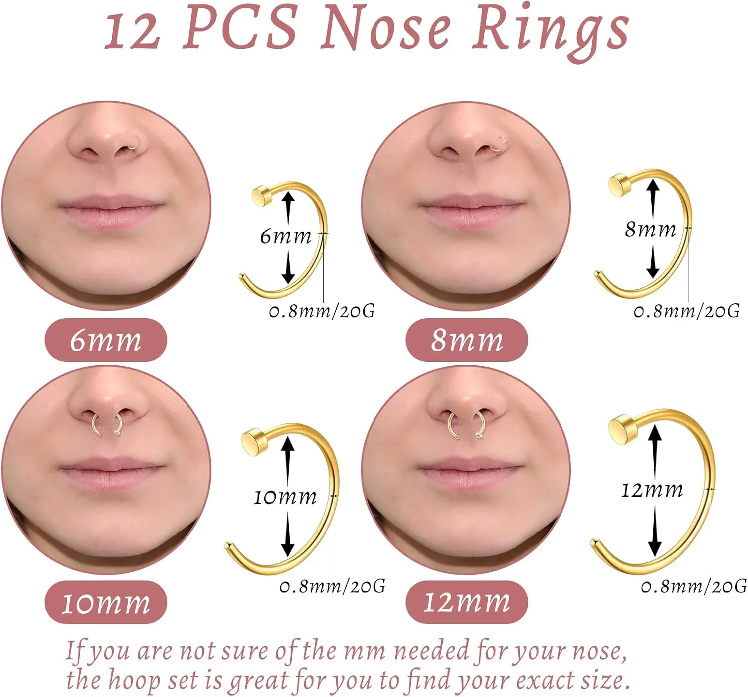 21 Pcs Hoop Nose Rings Surgical Steel Nose Rings for Women 20G Nostril Piercing Jewelry Silver Gold Black Nostril Piercings L Shaped Nose Ring Hoop 6mm 8mm 10mm 12mm