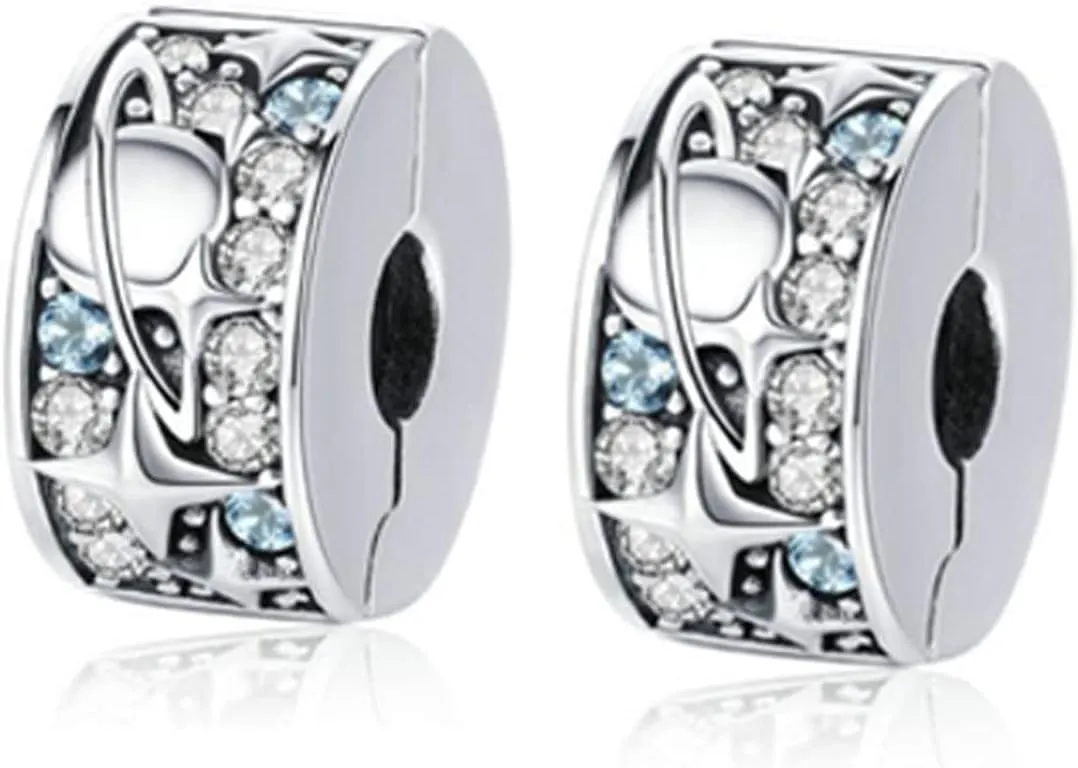 2pc Clip Spacer Charm Bracelets for Women 925 Sterling Silver Blue White Crystal Charm Clip Lock Spacer Stopper Charm Bead for Bracelet (A-2pc) (A-2pc)