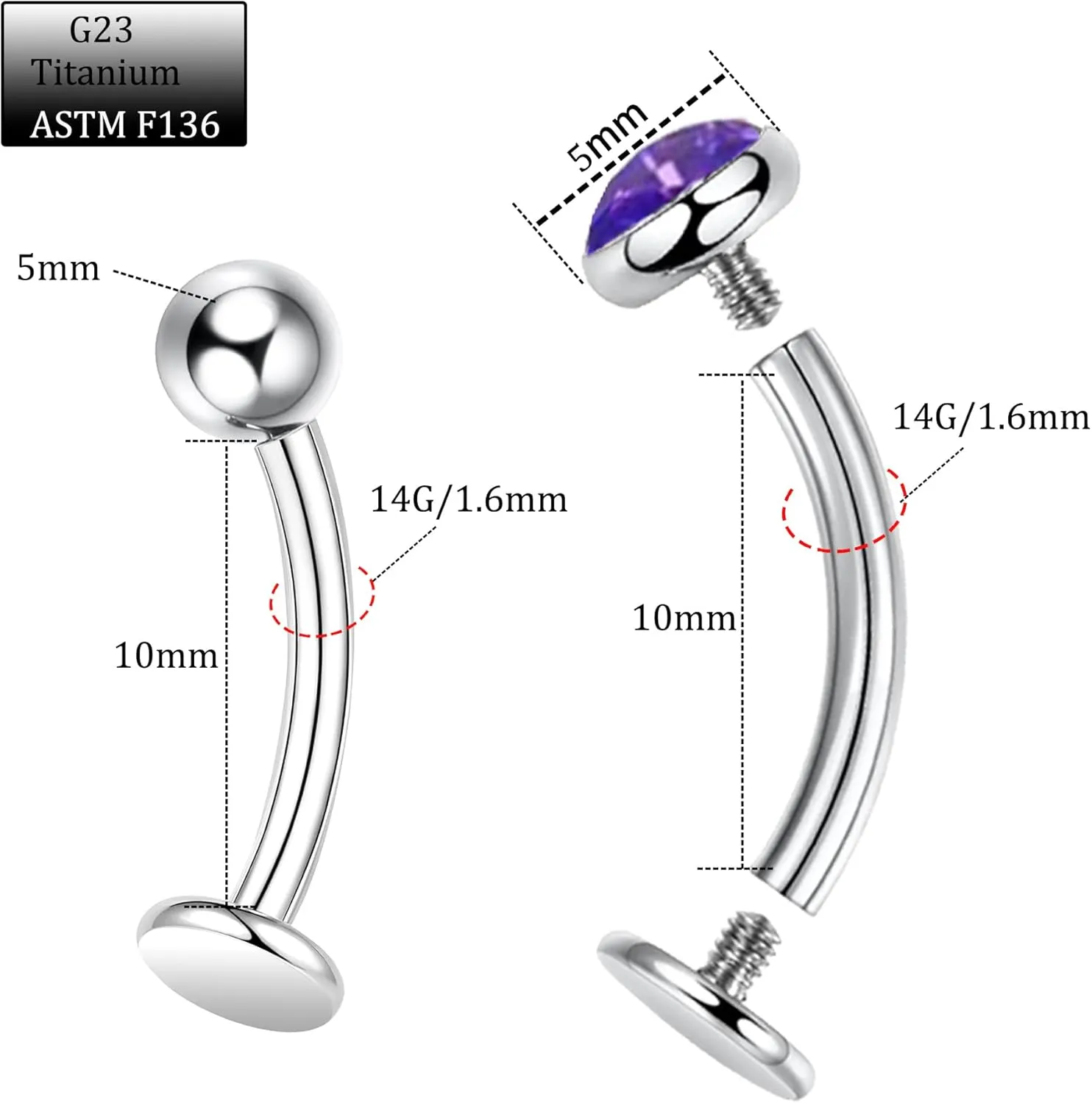 2Pcs 14G G23 Titanium Belly Button Rings for Women - Floating Piercing Jewelry With Flat Back, Curved Barbell, Internally Threaded