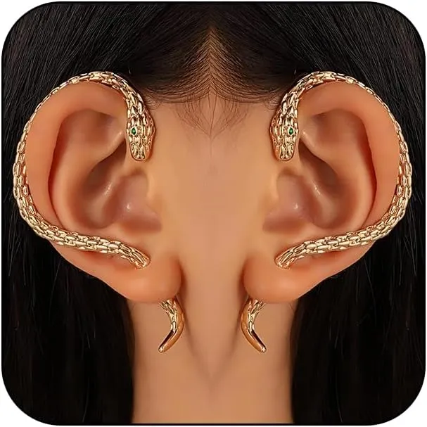 2Pcs Gothic Snake Earrings Jewelry for Women, Unique Dainty Gold Wrap Snake Ear Cuff Earrings Punk Silver Snake Hanging Earrings Halloween Jewelry Gifts