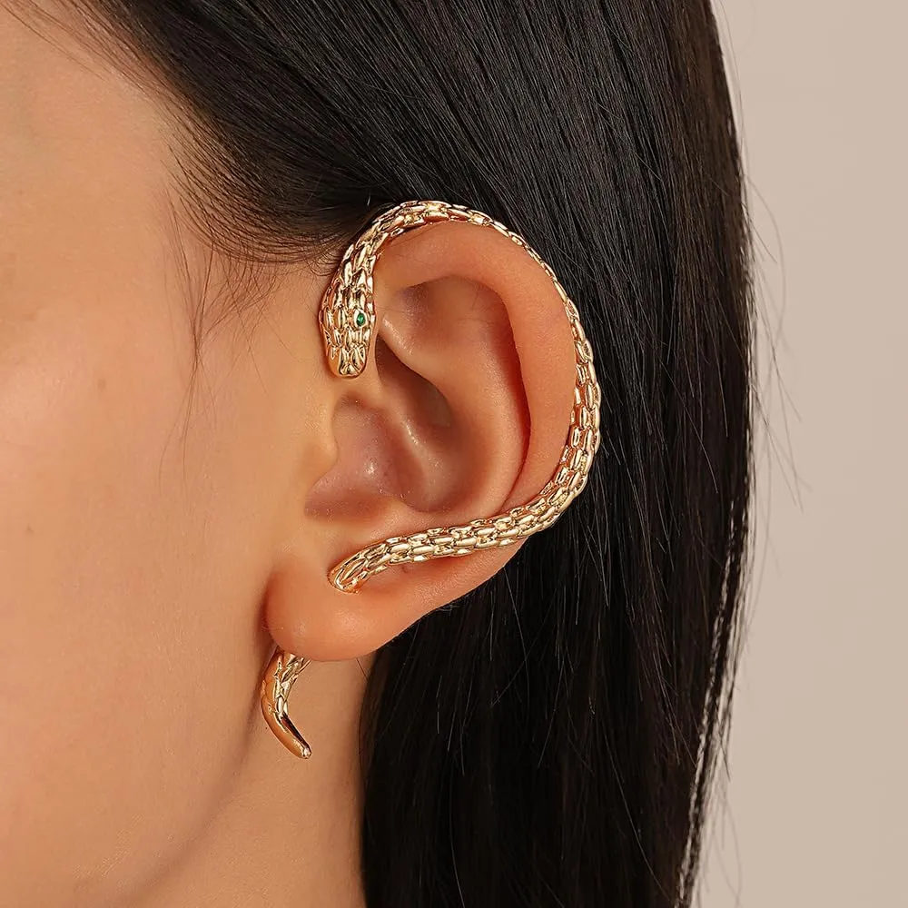 2Pcs Gothic Snake Earrings Jewelry for Women, Unique Dainty Gold Wrap Snake Ear Cuff Earrings Punk Silver Snake Hanging Earrings Halloween Jewelry Gifts