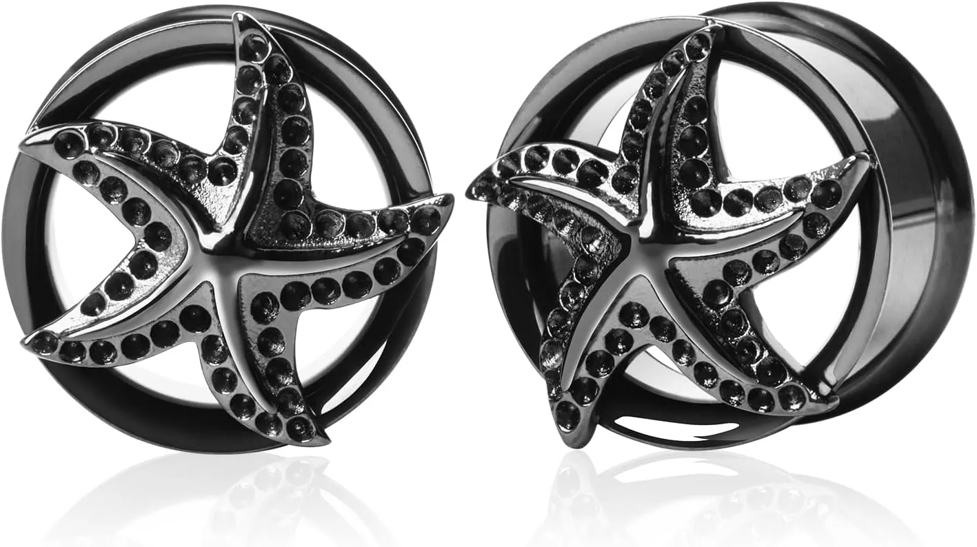 2PCS Starfish Ear Plugs Tunnels Gauges 316 Stainless Steel Double Flared Earring Expander Stretcher Hypoallergenic Piercing Body Jewelry for Women and Men