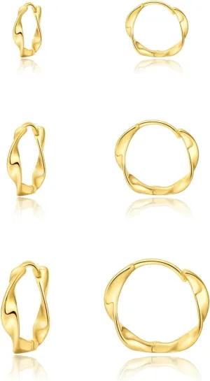 3 Pairs 14K Gold Twisted Hoop Earrings Set for Women Small Huggie Cartilage Piercing Hypoallergenic Earring Gifts for Her