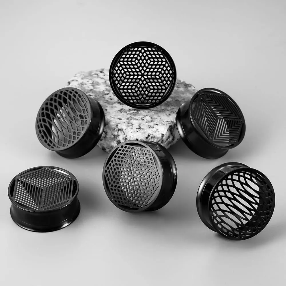 3 Pairs Black gauges plane geometry pattern Ear Tunnels Plugs 316 Stainless Steel Ear Weight Plugs Hypoallergenic expander Piercing Body Jewelry